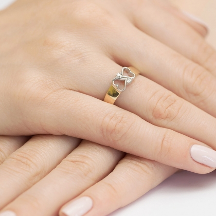 Pierścionek dwa serca i Diamenty 0,04ct  - złoto próby 585. W-0286